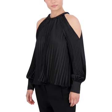 BCBGMAXAZRIA Women's Cold Shoulder Long Sleeve Crew Neck Pleated Satin Blouse