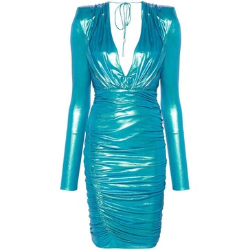 laminated-finish ruched midi dress