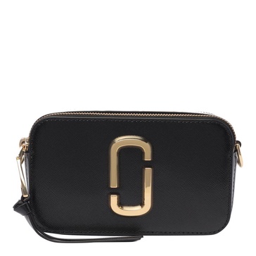 'The Snapshot' Black Shoulder Bag with Metal Logo at the Front in Leather Woman