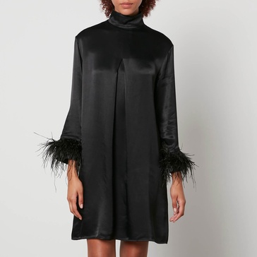 Sleeper Party Shirt Feather-Trimmed Satin Dress - XS