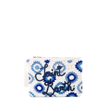 Parisienne White Crochet Pouch Bag With Saint Barth Embroidery