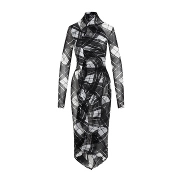 Mesh Draped Printed "distorten Tartan" Long Dress