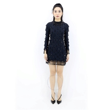 Burberry Ladies Black Long-sleeve Embellished Teardrop Beads Mini Dress