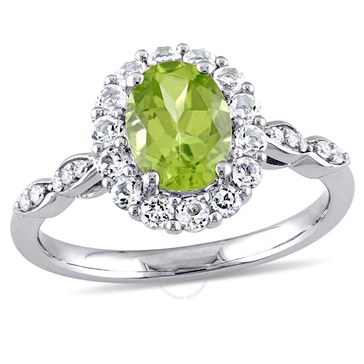 Amour Oval Shape Peridot, White Topaz and Diamond Accent Vintage Ring in 14k White Gold