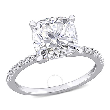 Amour Ladies 14k White Gold 3.5 Ct Cushion Cut White Moissanite Solitaire Ring