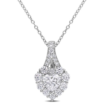 AMOUR 2 CT DEW Created Moissanite Halo Heart Pendant with Chain In Sterling Silver