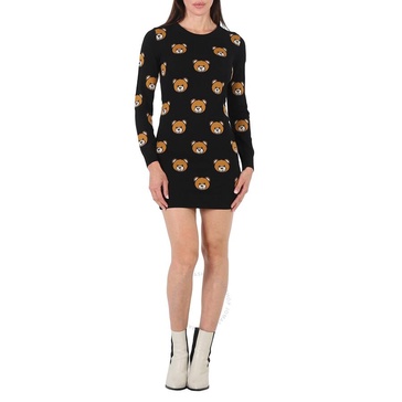 Moschino Ladies Fantasia Black Intarsia Teddy Wool Knit Mini Dress