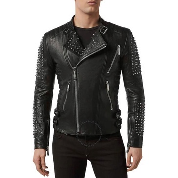 Philipp Plein Studded Leather Biker Jacket, Size 4XL