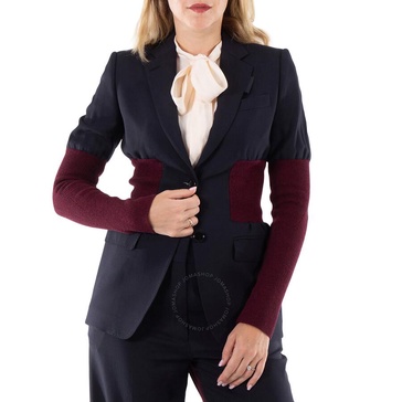 Burberry Navy Black Anika Panel Detail Wool Tailored Blazer