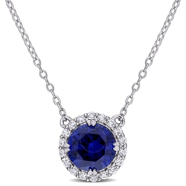 AMOUR 2 3/4 CT TGW Created Blue Sapphire Created White Sapphire Circular Pendant with Chain In Sterling Silver