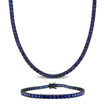 Amour Men's 2-Piece Set 55 1/2ct TGW Created Blue Sapphire Tennis Necklace and Bracelet in Black Silver - 20in & 9in