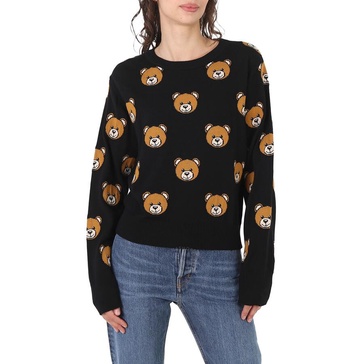 Moschino Ladies Fantasia Black Teddy Bear-Print Wool Jumper