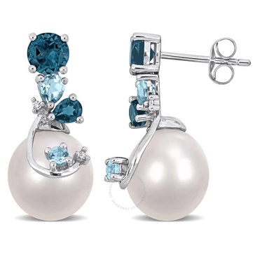 AMOUR 9-10mm Freshwater Cultured Pearl 2 CT TGW London & Sky Blue Topaz and Diamond Accent Pearl Earrings In Sterling Silver