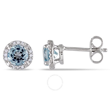 AMOUR Blue Topaz and Diamond Halo Stud Earrings In Sterling Silver