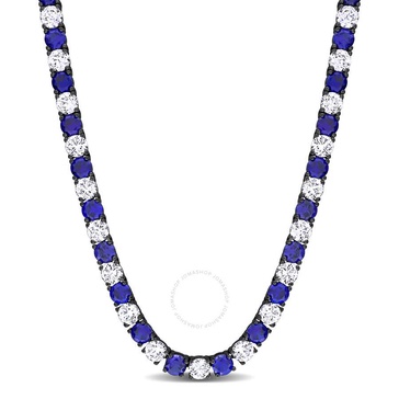 Amour 40 CT TGW Created Blue and White Sapphire Men's Tennis Necklace in Black Rhodium Plated Sterling Silver