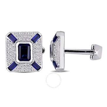 AMOUR 5 1/4 CT TGW Created Blue Sapphire Created White Sapphire Geometric Cufflinks In Sterling Silver