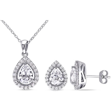 AMOUR 4 7/8 CT TGW Created White Sapphire Teardrop Halo Pendant with Chain and Stud Earrings 2-piece Set In Sterling Silver