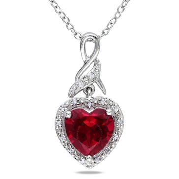 AMOUR Diamond and Created Ruby Heart Twist Pendant with Chain In Sterling Silver