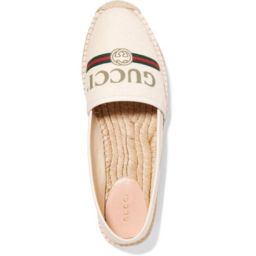 Gucci Women Off-White Logo Printed Canvas Leather Trimmed Espadrilles Flats