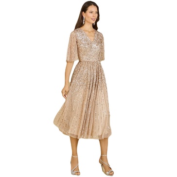 Women's Flowing, Sequin Midi Dress with Short Sleeves