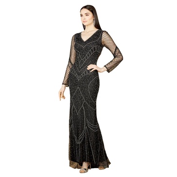 Women's Long Sleeve Beaded Dresses with Sheer Sleeves