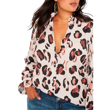 Plus Size Printed Button Down Shirt With Ruffle Neck