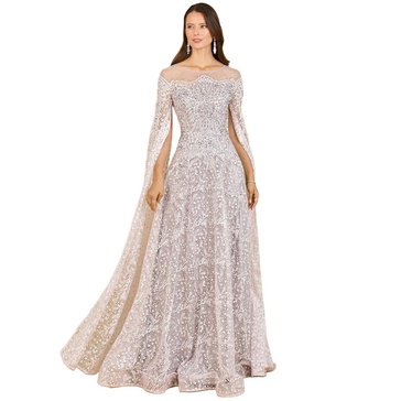 Women's Lace Gown with Dramatic Cape Sleeves