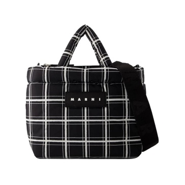 Black Nylon Print Tote Bag - Leather