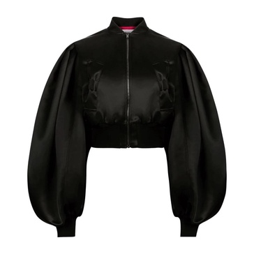 Black Satin Cropped Bomber Jacket