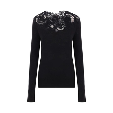 Black Floral Lace Merino Wool Sweater