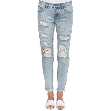 High-waisted distressed blue jeans