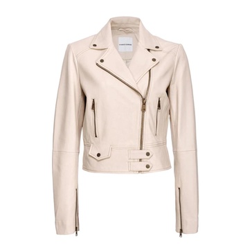 Beige Leather Biker Jacket with Metal Details