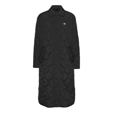 Quilted Long Black Coat Zipper Closure