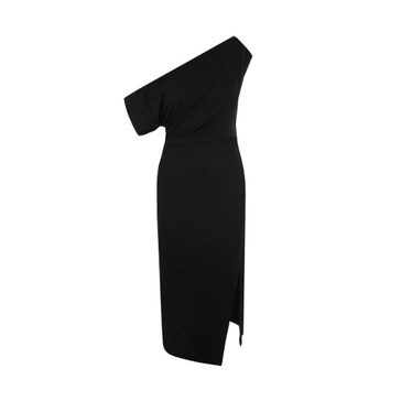 Black Jersey Sablé Dress with Asymmetric Hem and Side Slit