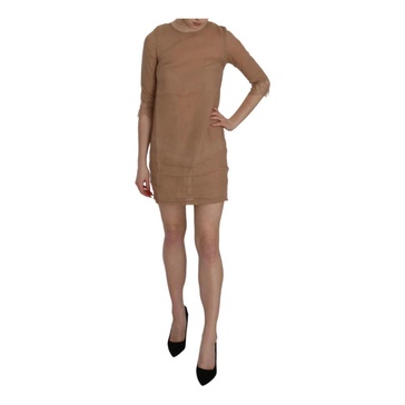 Brown Linen Crewneck Shift Mini Dress