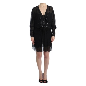 Elegant Sheer Blouson Dress in Black Silk