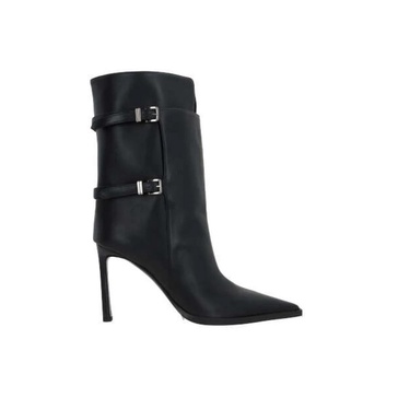 Black Leather Boots with Buckle Closure and Stiletto Heel