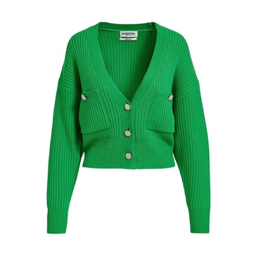 Green V-neck Cardigan with Rhinestone Buttons