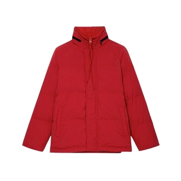 Red Short Down Jacket with Hood and Contrast Trim