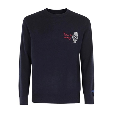 Blue Wool Knit Sweater with Embroidered Slogan