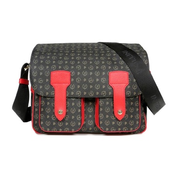 Large Black Messenger Shoulder Bag with Heritage Print and Red Inserts