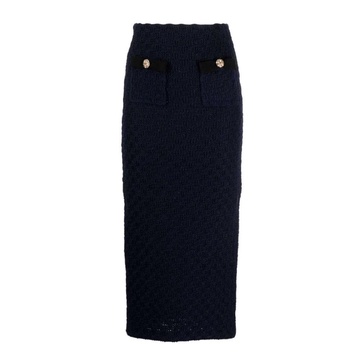 Navy Waffle Knit Midi Skirt with Gold Buttons