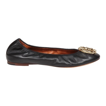 Black Leather Ballet Flats with Gold Buckle