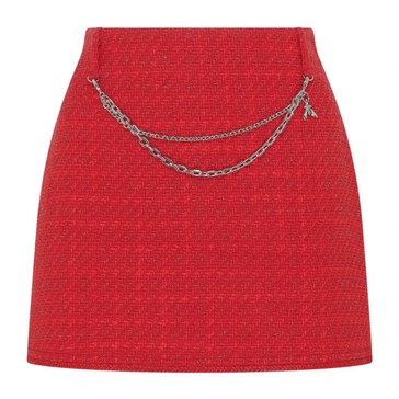 Red Tweed Mini Skirt with Removable Chain