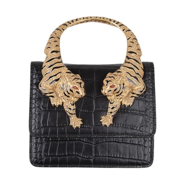 Black Snake-Embossed Leather Shoulder Bag with Crystal-Embellished Tiger Handle