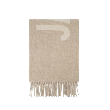 Beige Fringe Logo Wool Scarf