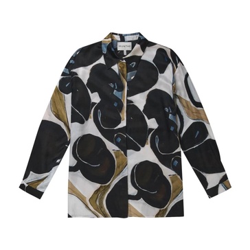 Abstract Print Silk Blouse with Long Sleeves and Button Closure