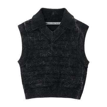 Black Intarsia Vest French Collar