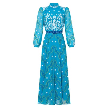 Sky Lacework Silk Dress with Floral Embroidery