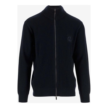 Navy Virgin Wool Cardigan with High Collar